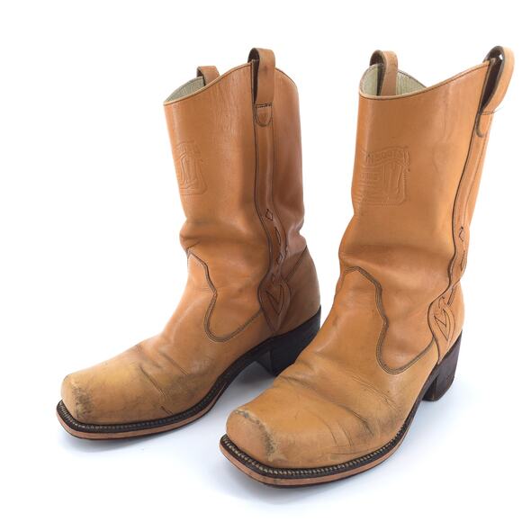 Vintage Johnny Ringo Cowboy Boots Men 8D Square Toe Tan Bull Hide Western Rodeo - Picture 6 of 14